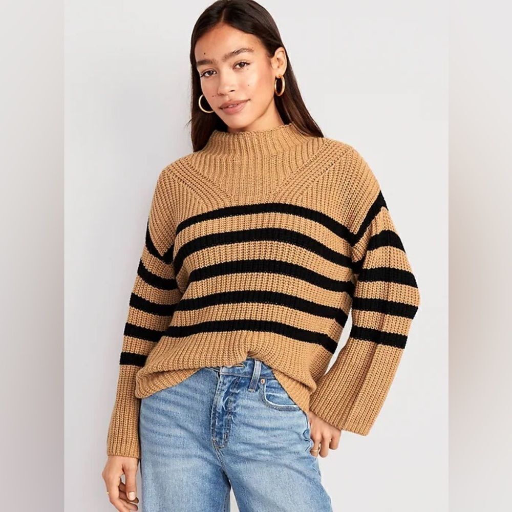 Old Navy Mock-Neck Tunic Sweater Knit Tan and Black Stripe XS